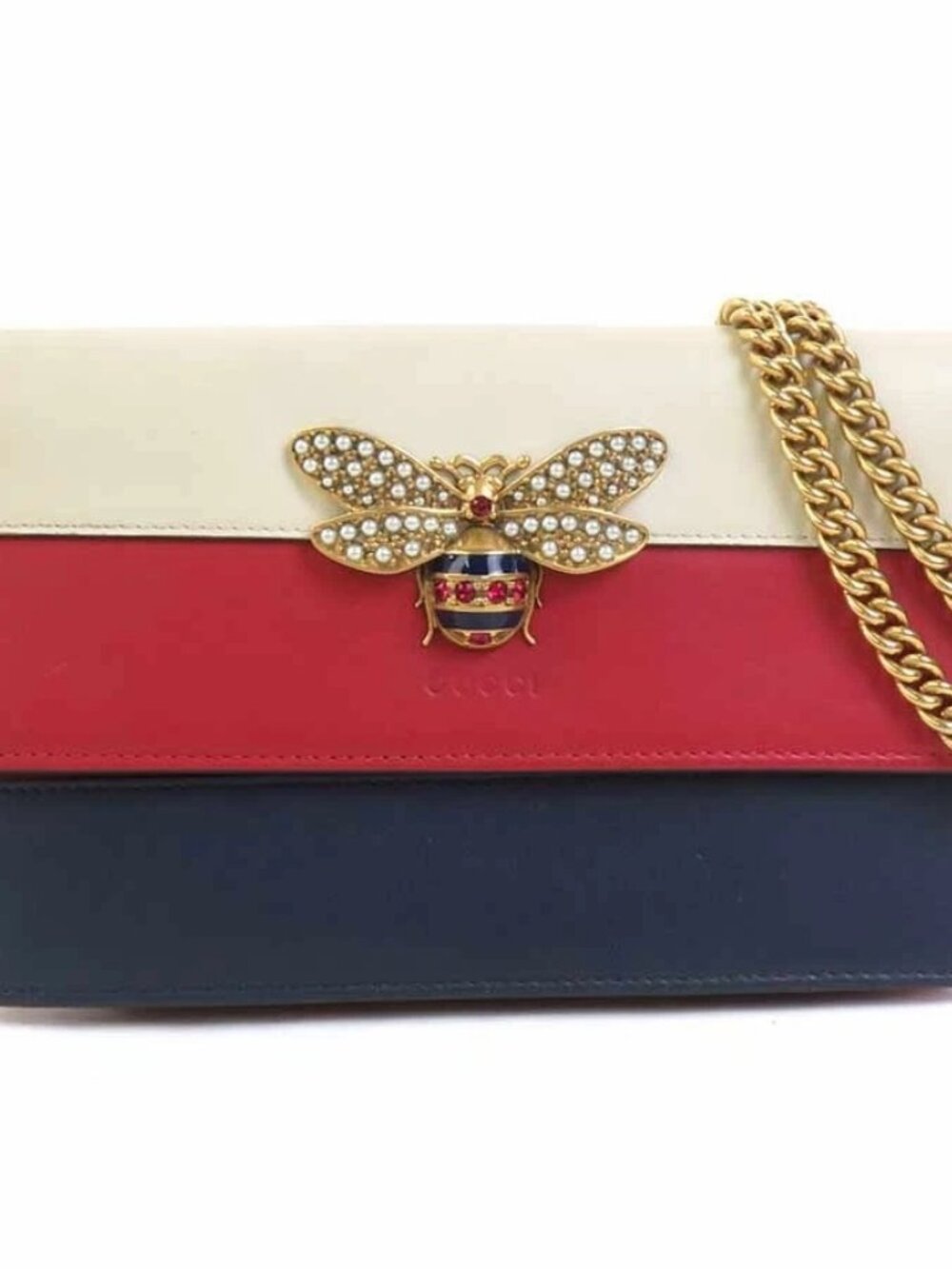 GUCCI Queen Margaret Chain Wallet Crossbody Bag Navy/Red/Off White